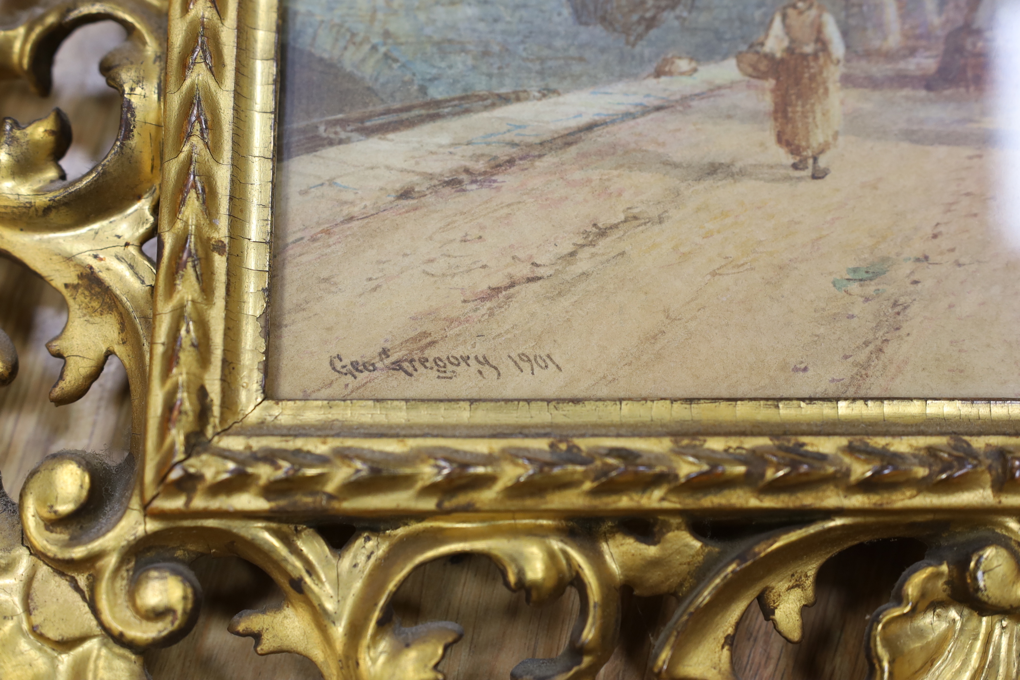 George Gregory (1849-1938), watercolour, Street scene with figures, signed and dated 1901, 36 x 27cm, housed in a Florentine gilt frame